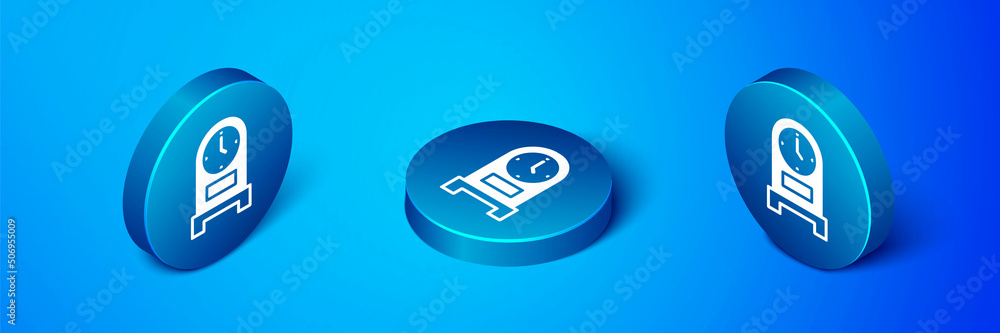 Isometric Antique clock icon isolated on blue background. Blue circle button. Vector Isometric Antique clock icon isolated on blue background. Blue circle button. Vector