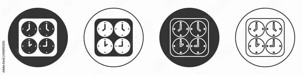Black Time zone clocks icon isolated on white background. Circle button. Vector Black Time zone clocks icon isolated on white background. Circle button. Vector