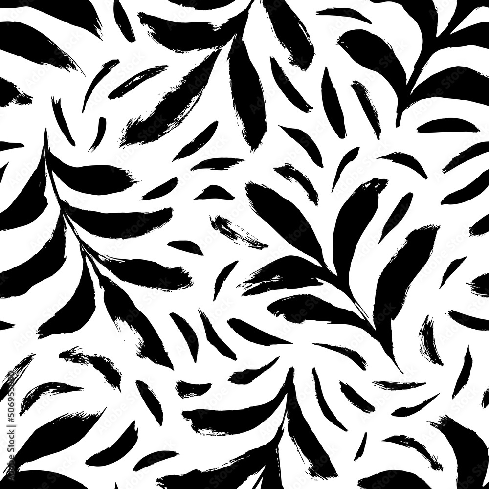Bold black leaves vector seamless pattern. Hand drawn thick branches with textured leaves and small lines. Foliage vector background. Repeating texture with branches. Tropical ornament. 