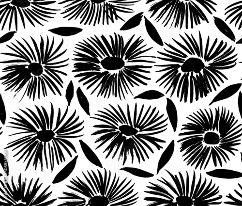 Floral seamless pattern with flower and leaf silhouettes. Black and white hand drawn botanical background. Chamomile black vector silhouettes. Monochrome botanical wallpaper with simple plants