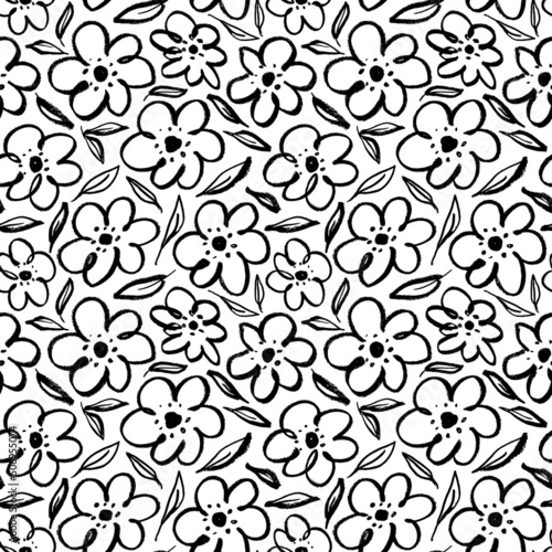 Childish style simple black flowers with leaves. Charcoal drawing flowers. Hand drawn vector seamless pattern. Botanical motif ornament. Poppies, chamomile, peony and daisy. Black sketch