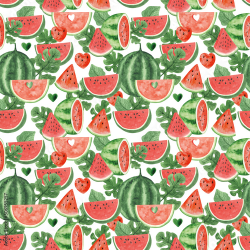 Watercolor watermelon seamless pattern, summer ripe fruit. Watermelon party