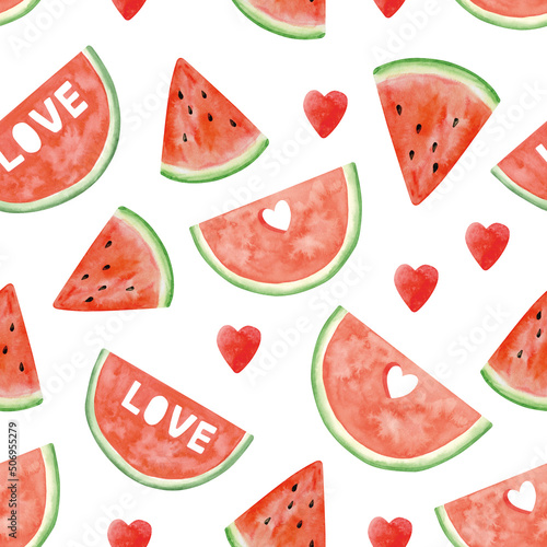Fototapeta Naklejka Na Ścianę i Meble -  Watercolor watermelon seamless pattern, summer ripe fruit. Watermelon party