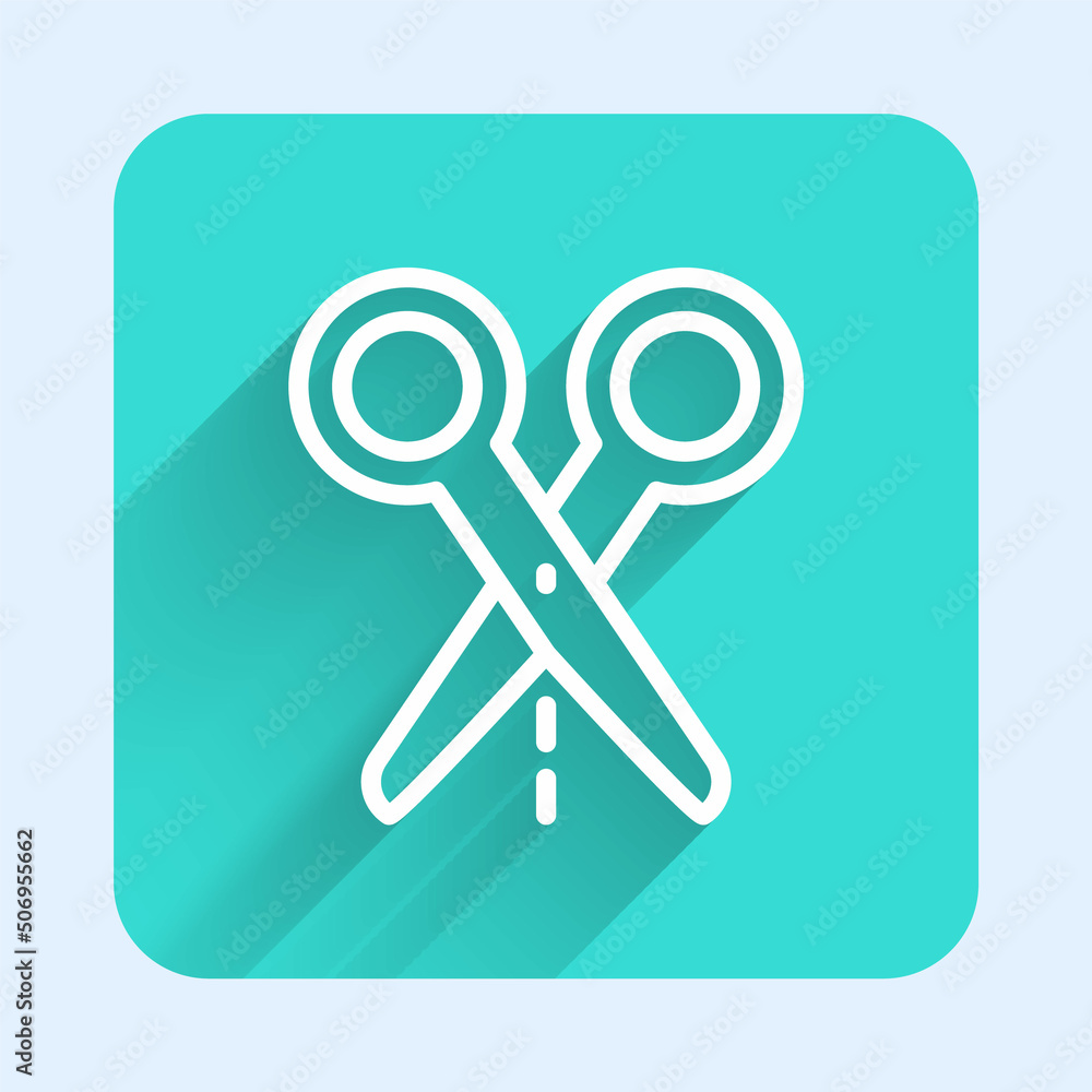 White line Scissors with cut line icon isolated with long shadow background. Tailor symbol. Cutting tool sign. Green square button. Vector White line Scissors with cut line icon isolated with long shadow background. Tailor symbol. Cutting tool sign. Green square button. Vector