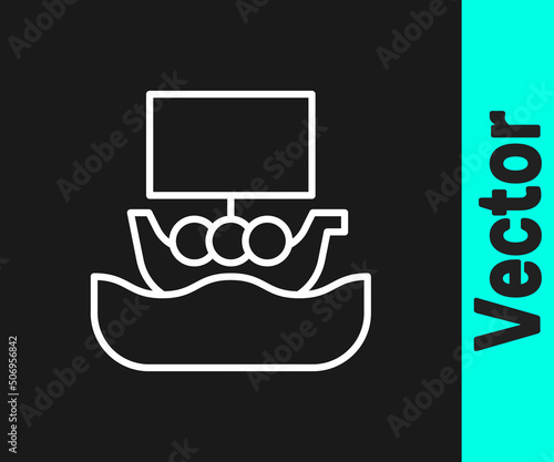 White line Ancient viking scandinavian drakkar icon isolated on black background. Viking transport ship. Vector
