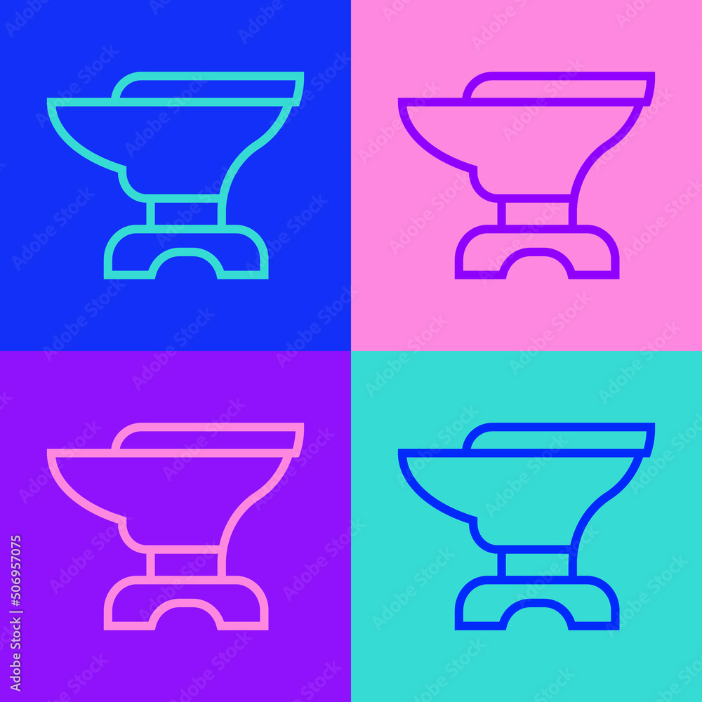 Pop art line Anvil for blacksmithing and hammer icon isolated on color background. Metal forging. Forge tool. Vector Pop art line Anvil for blacksmithing and hammer icon isolated on color background. Metal forging. Forge tool. Vector