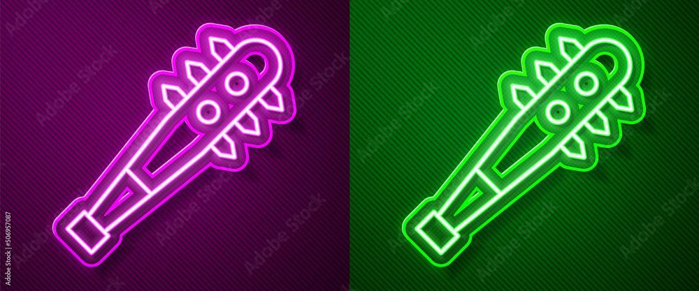 Glowing neon line Medieval chained mace ball icon isolated on purple and green background. Morgenstern medieval weapon or mace with spikes. Vector Glowing neon line Medieval chained mace ball icon isolated on purple and green background. Morgenstern medieval weapon or mace with spikes. Vector