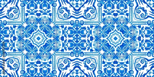  Blue white watercolor azulejo tile border background. Seamless coastal geometrical floral mosaic effect banner. Ornamental arabesque summer fashion repeat edge trim.