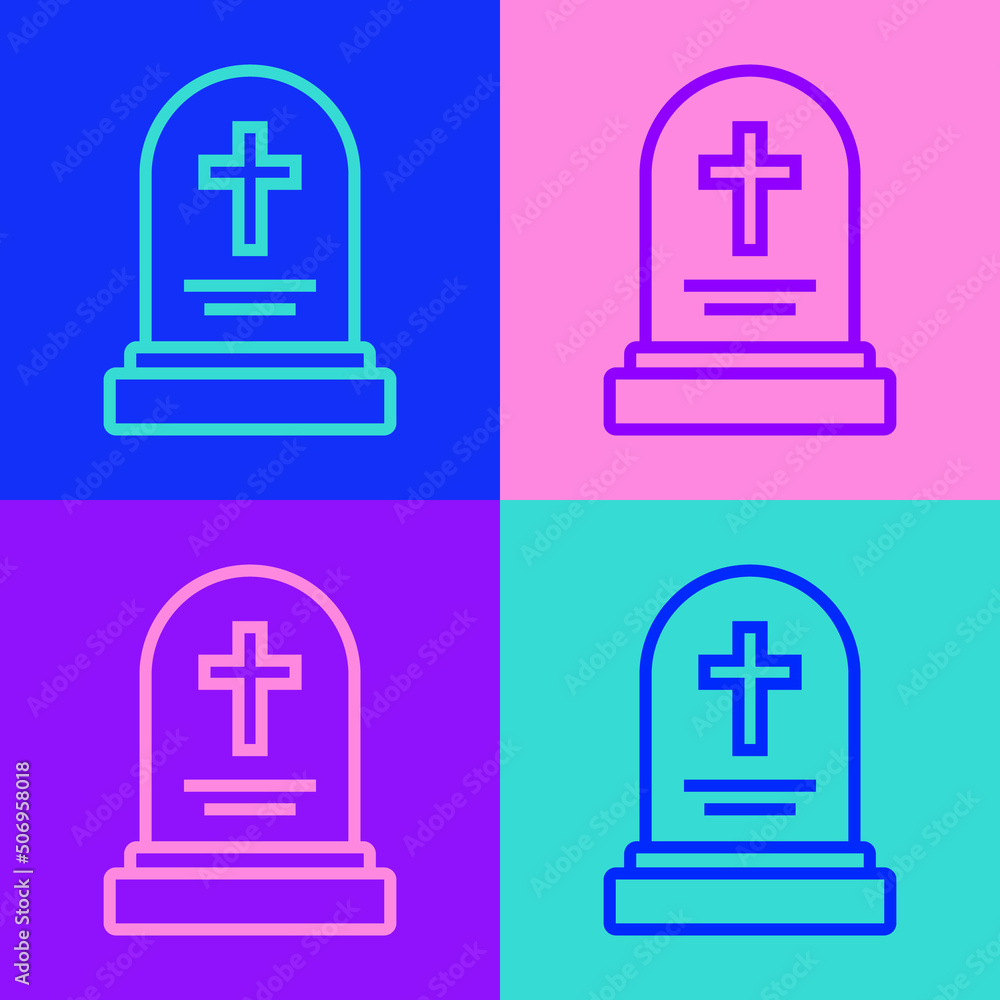 Pop art line Grave with tombstone icon isolated on color background. Vector Pop art line Grave with tombstone icon isolated on color background. Vector