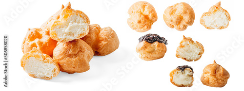 Homemade profiteroles with ricotta cream isolated on a white background