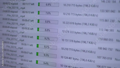 Loading progress green bar on computer LCD screen. Processing data transfer on white background. Technology concept. Download torrent file