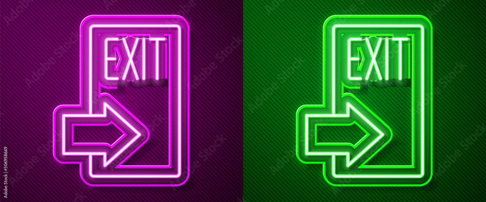 Glowing neon line Fire exit icon isolated on purple and green background. Fire emergency icon. Vector Glowing neon line Fire exit icon isolated on purple and green background. Fire emergency icon. Vector