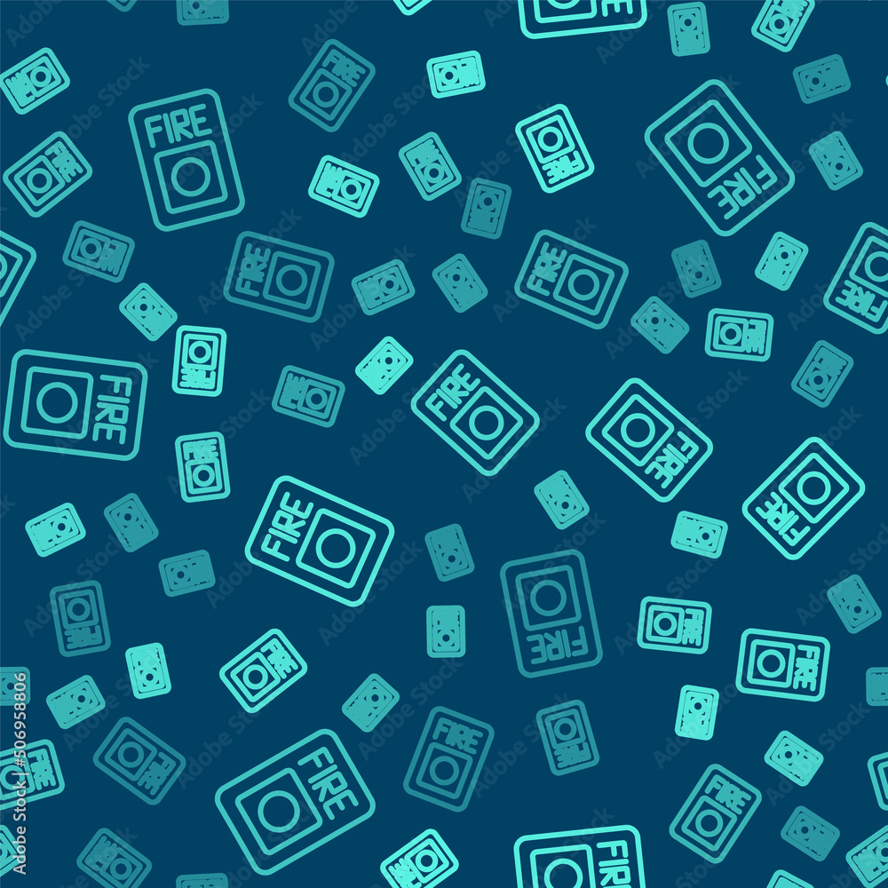 Green line Fire alarm system icon isolated seamless pattern on blue background. Pull danger fire safety box. Vector Green line Fire alarm system icon isolated seamless pattern on blue background. Pull danger fire safety box. Vector