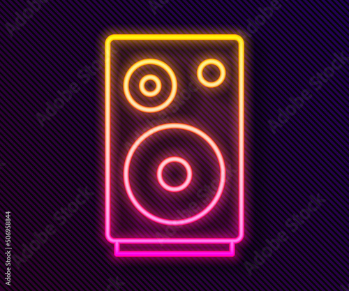 Glowing neon line Stereo speaker icon isolated on black background. Sound system speakers. Music icon. Musical column speaker bass equipment. Vector