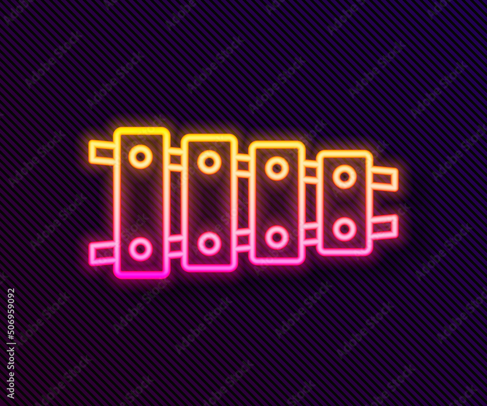 Glowing neon line Xylophone - musical instrument with thirteen wooden bars and two percussion mallets icon isolated on black background. Vector