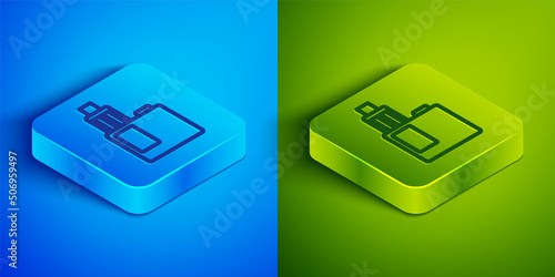 Isometric line Vape mod device icon isolated on blue and green background. Vape smoking tool. Vaporizer Device. Square button. Vector