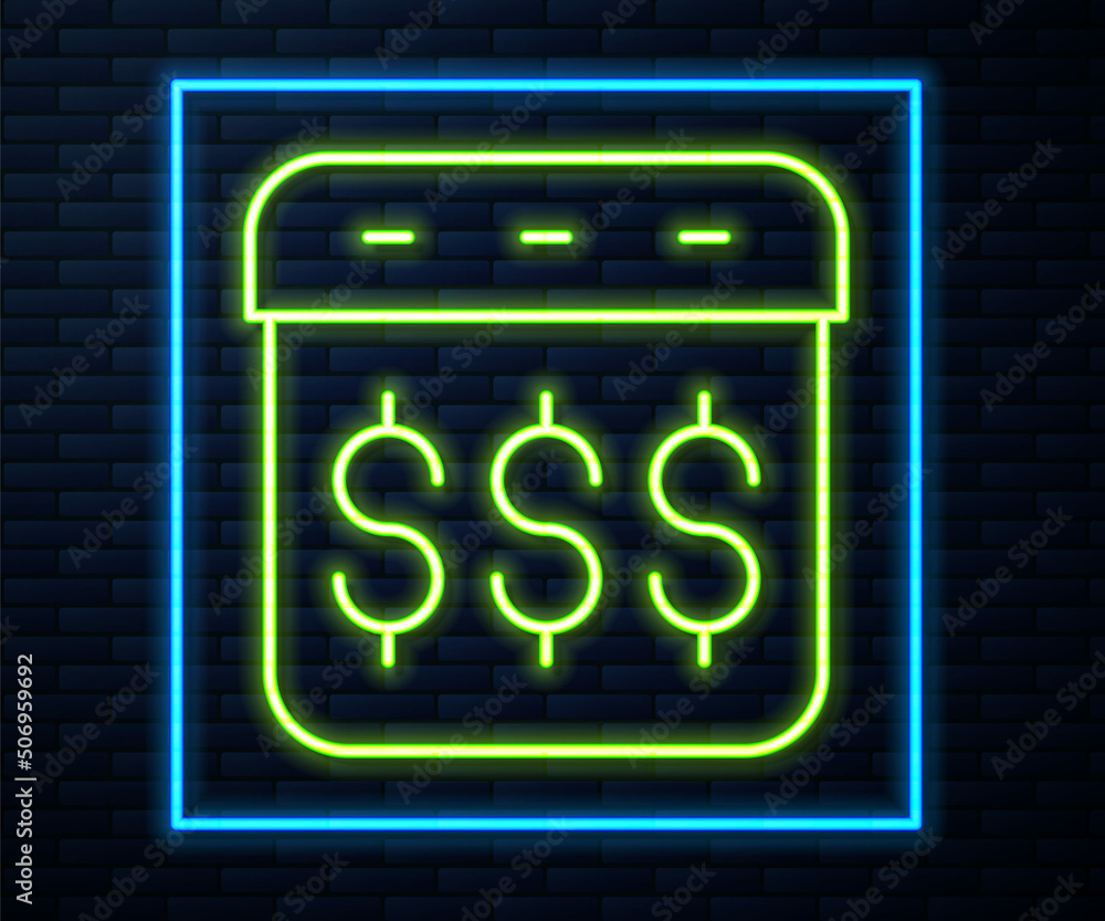 Glowing neon line Payday, calendar with dollar icon isolated on brick wall background. Vector Glowing neon line Payday, calendar with dollar icon isolated on brick wall background. Vector