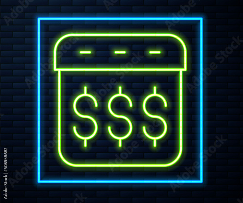 Glowing neon line Payday, calendar with dollar icon isolated on brick wall background. Vector