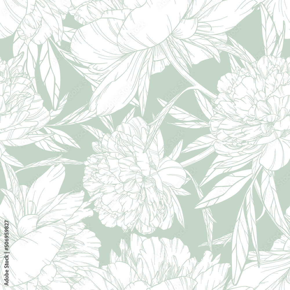 Fototapeta premium Vector seamless pattern with many large peonies on pale green background. White flowers with stroke and leaves on one stem. Decorative element for wedding layouts design. Romantic vintage composition.