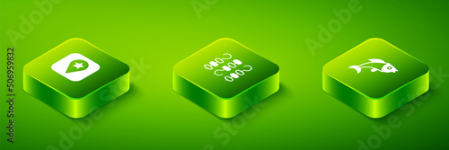 Set Isometric Grilled shish kebab on skewer, Fish and Location for camping icon. Vector