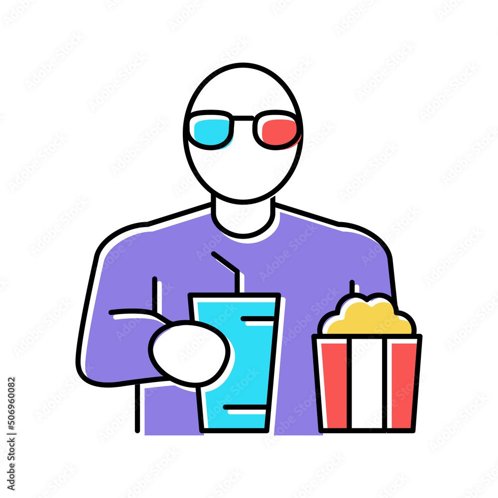 spectator watching movie and eating popcorn in cinema color icon vector illustration