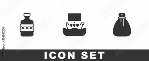 Set Whiskey bottle, Viking ship Drakkar and Old money bag icon. Vector