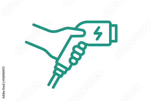Hand holding electric charger connector linear icon. Electrical transportation charging plug symbol. Eco friendly electro vehicle charge sign. Vector battery powered EV transport station eps logo