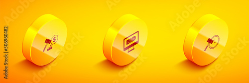 Set Isometric Auction hammer price, Online auction and icon. Vector