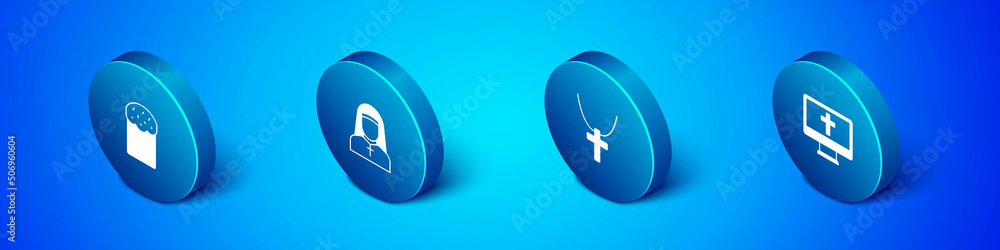 Set Isometric Easter cake, Christian cross on chain, monitor and Nun icon. Vector Set Isometric Easter cake, Christian cross on chain, monitor and Nun icon. Vector
