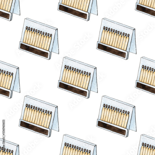 Watercolor illustration pattern of a match book full of red matches. Get the flame. Light the fire. Burnt wooden stick. Hand drawn doodles. Isolated on white background. Drawn by hand.