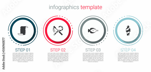 Set Papyrus scroll, Crook and flail, Butterfly fish and Egypt mummy. Business infographic template. Vector