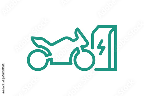 Electric sportbike charging in charger station linear icon. Electrical motorcycle energy charge green symbol. Eco friendly electro motorbike recharge sign. Vector eps battery powered EV transportation