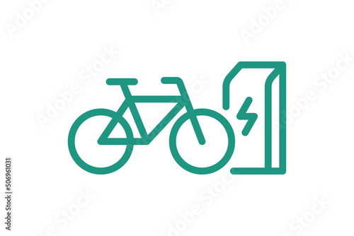 Electric bicycle charging in charger station linear icon. Electrical bike energy charge green symbol. Eco friendly electro cycle recharge sign. Vector eps battery powered e-bike transportation