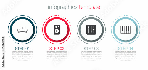 Set Tambourine, Stereo speaker, Sound mixer controller and Music synthesizer. Business infographic template. Vector