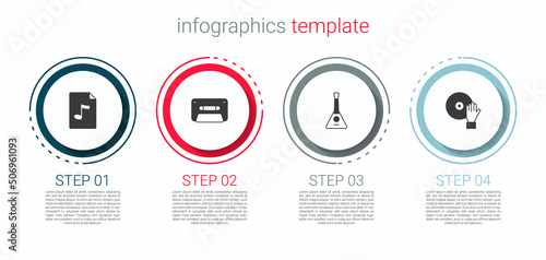 Set MP3 file document, Retro audio cassette tape, Balalaika and DJ playing music. Business infographic template. Vector