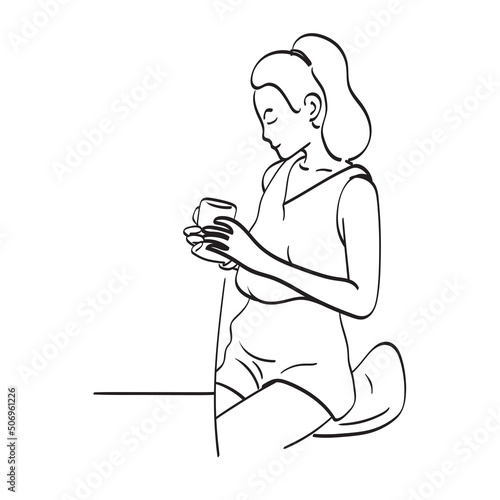 woman hoding traditional cup of tea in hand illustration vector hand drawn isolated on white background line art.