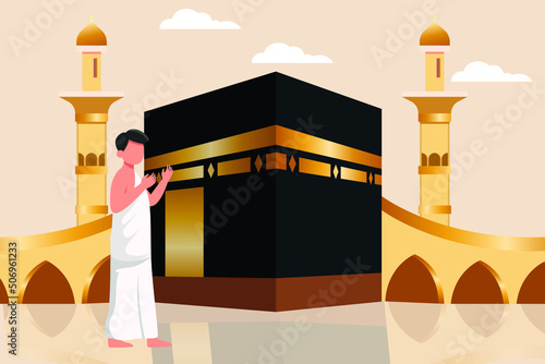 a muslim praying with rise up hand around the kaaba. Hajj and umrah concept. Colored flat vector illustration. photo