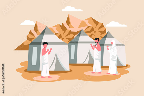 Muslim pilgrims at Mina tents area. Hajj and umrah concept. Colored flat vector illustration.