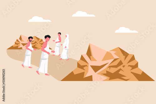 Some muslims walk between the two mountains (called Sa'ee). Hajj and umrah concept. Colored flat vector illustration.