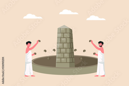 The Stoning of the Devil in city of mina. Hajj and umrah concept. Colored flat vector illustration.