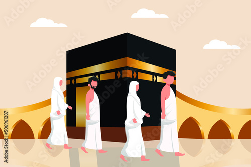 Some muslims walking around the kaaba. Hajj and umrah concept. Colored flat vector illustration. photo