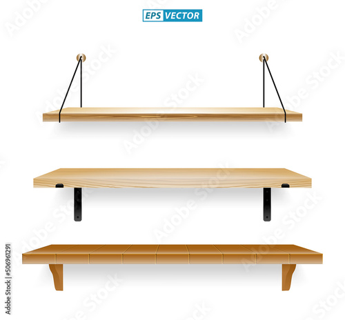 set of realistic white wooden wall shelves isolated. eps vector