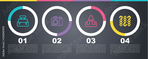 Set line Bench, Photo camera, Tourist tent and Grilled shish kebab on skewer. Business infographic template. Vector