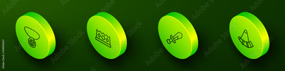 Set Isometric line Necklace with gem, King crown, Medieval sword and Hunting horn icon. Vector Set Isometric line Necklace with gem, King crown, Medieval sword and Hunting horn icon. Vector