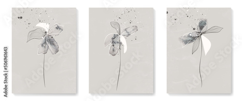 Abstract floral background with watercolor elements in art line style in pastel colors. Botanical poster set for home decor, packaging, print, wallpaper
