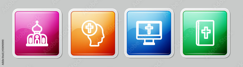 Set line Church building, Priest, Christian cross on monitor and Holy bible book. Colorful square button. Vector Set line Church building, Priest, Christian cross on monitor and Holy bible book. Colorful square button. Vector