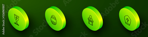Set Isometric line Christian chalice, Easter egg, Church pastor preaching and Pope hat icon. Vector