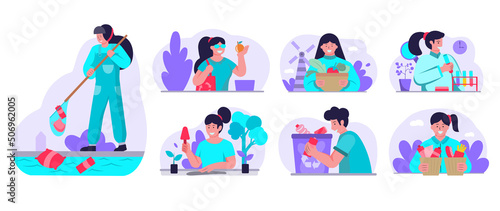 Flat illustration concept Environmental conservation image set in various ways such as Garbage collection, planting trees, using cloth bags, growing your own vegetables. plant research and recycle.