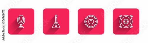 Set line Microphone, Balalaika, Sound mixer controller and Stereo speaker with long shadow. Red square button. Vector