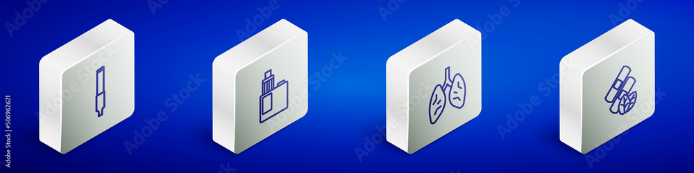 Set Isometric line Cigarette, Vape mod device, Lungs and Medical nicotine patches icon. Vector Set Isometric line Cigarette, Vape mod device, Lungs and Medical nicotine patches icon. Vector